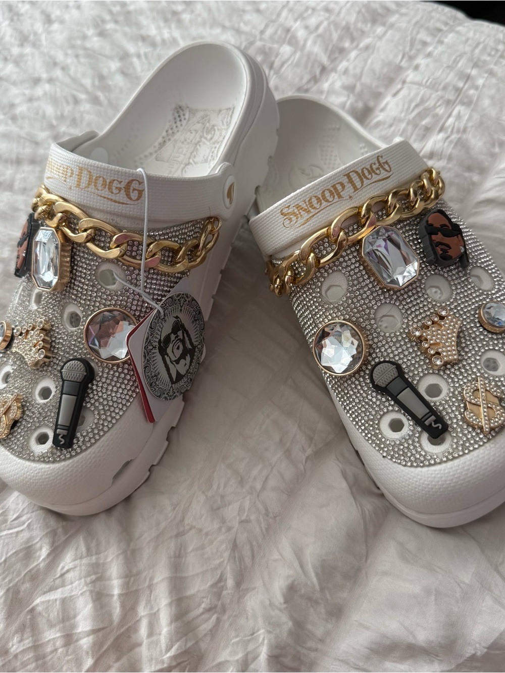 Skechers White Embellished Slip-On Sandals with Gold Chain